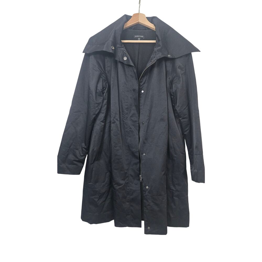 Eileen Fisher Puffer Jacket M Black Mid Length Cotton Blend Zip up Collared